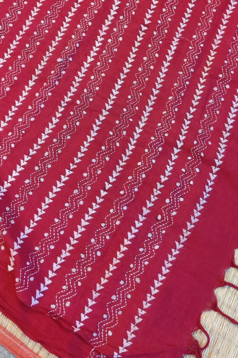 Khesh Katha: Red Khesh Cotton Saree with White Kantha Floral Border Embroidery - Image 8