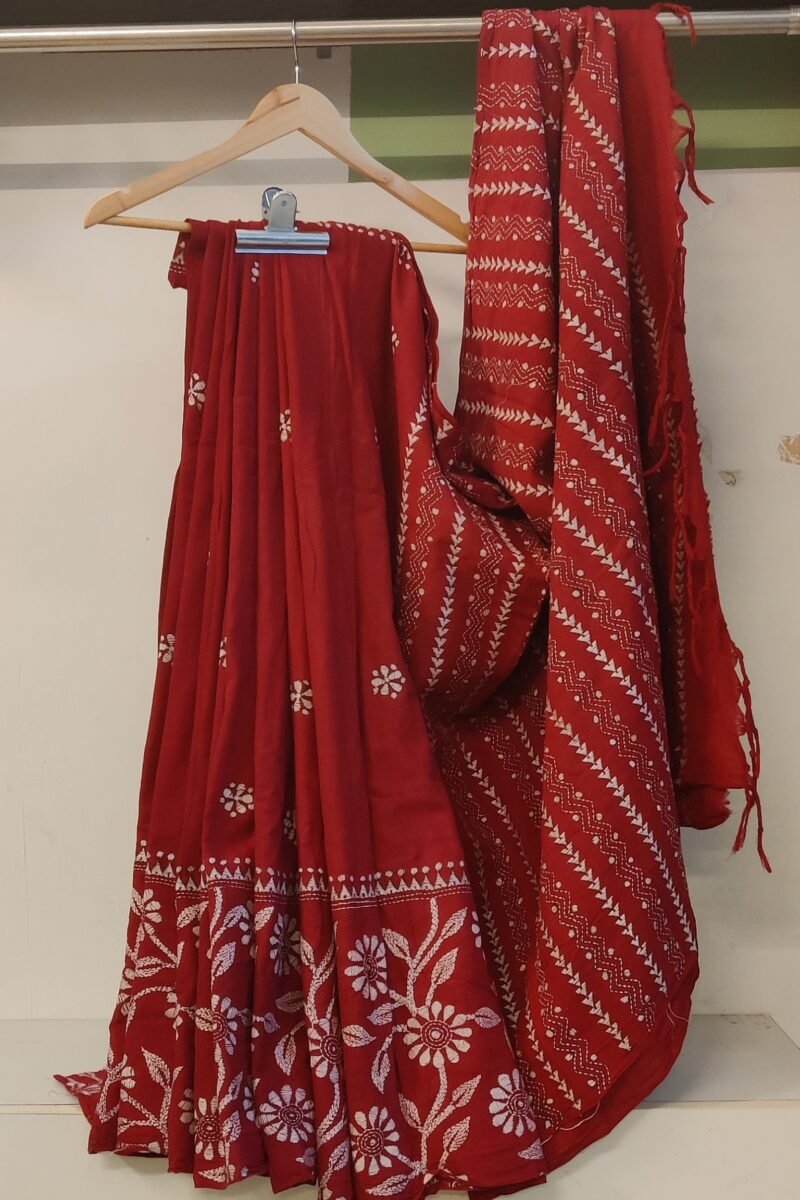 Khesh Katha: Red Khesh Cotton Saree with White Kantha Floral Border Embroidery