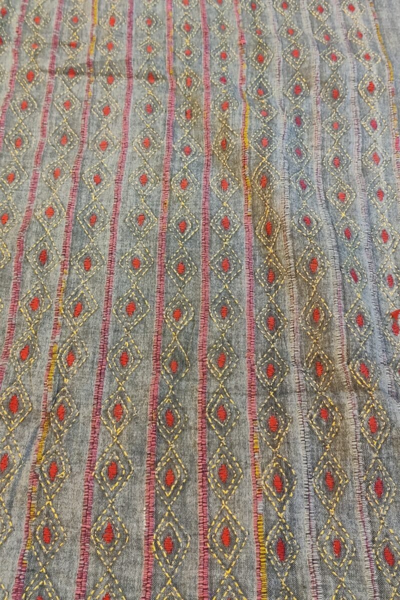 Khesh Katha: Grey Khesh Cotton Saree with Red and Yellow Kantha Hibiscus Floral Embroidery - Image 5