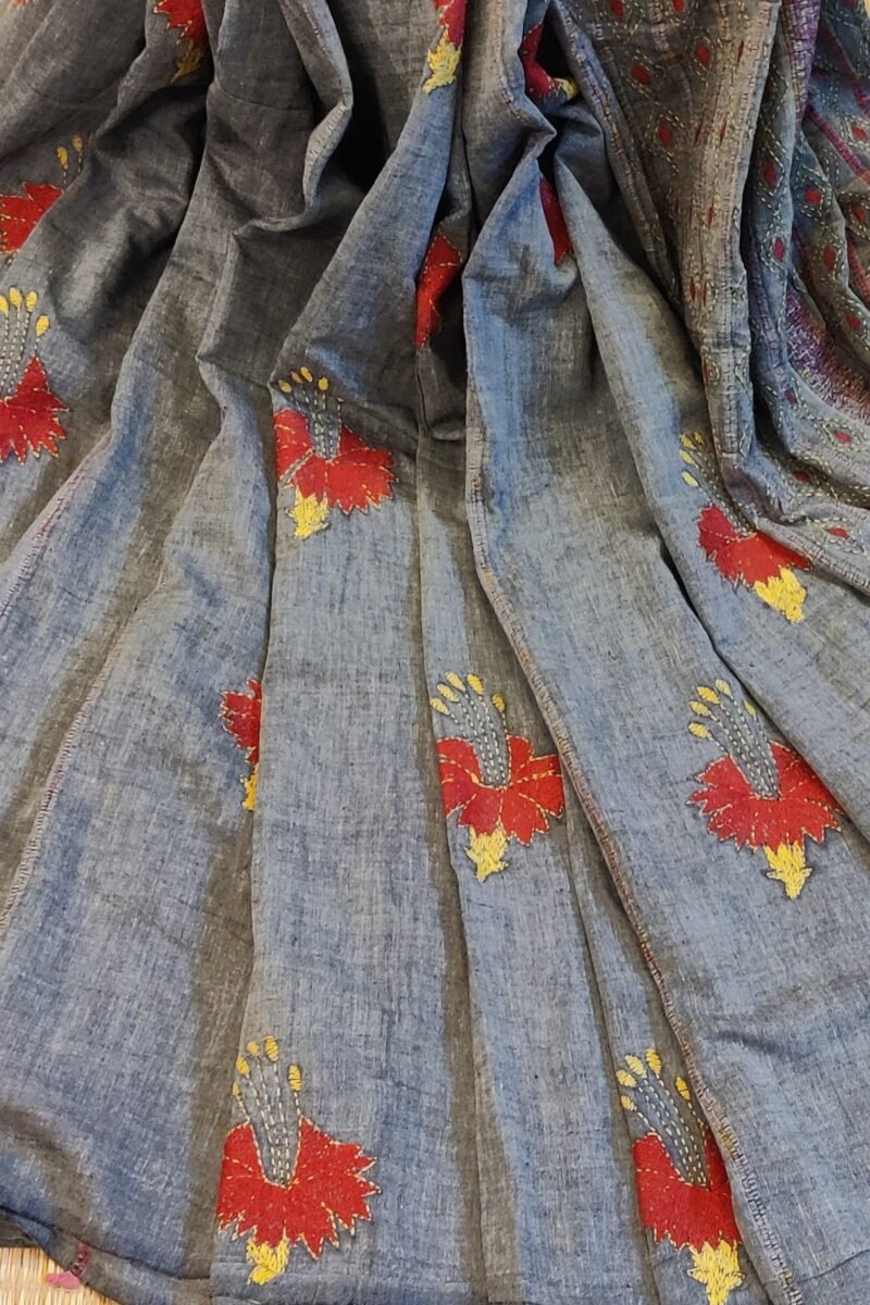 Khesh Katha: Grey Khesh Cotton Saree with Red and Yellow Kantha Hibiscus Floral Embroidery - Image 6
