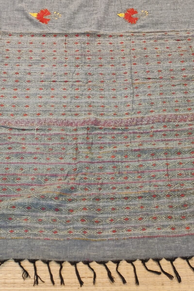Khesh Katha: Grey Khesh Cotton Saree with Red and Yellow Kantha Hibiscus Floral Embroidery - Image 8