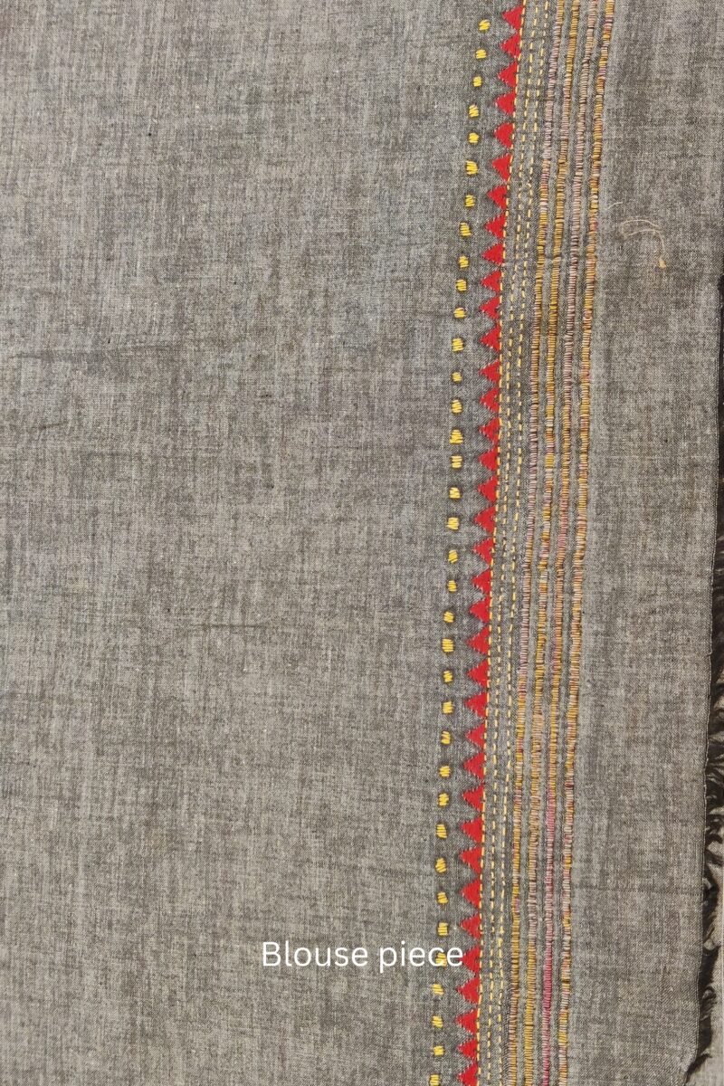 Khesh Katha: Grey Khesh Cotton Saree with Red and Yellow Kantha Hibiscus Floral Embroidery - Image 9