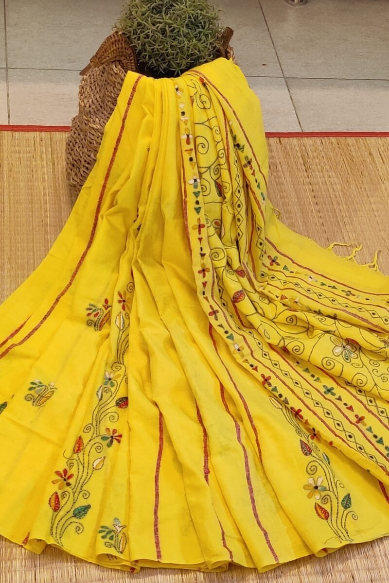 Khesh Katha: Bright Yellow Khesh Cotton Saree with Multicolor Floral Kantha Embroidery - Image 2