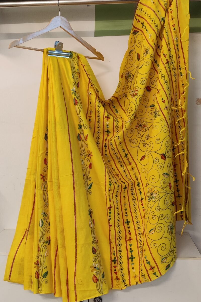 Khesh Katha: Bright Yellow Khesh Cotton Saree with Multicolor Floral Kantha Embroidery - Image 3