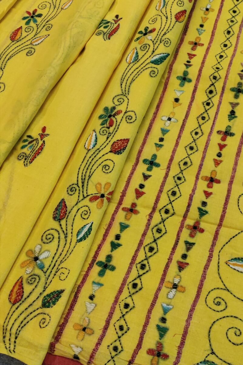 Khesh Katha: Bright Yellow Khesh Cotton Saree with Multicolor Floral Kantha Embroidery - Image 4