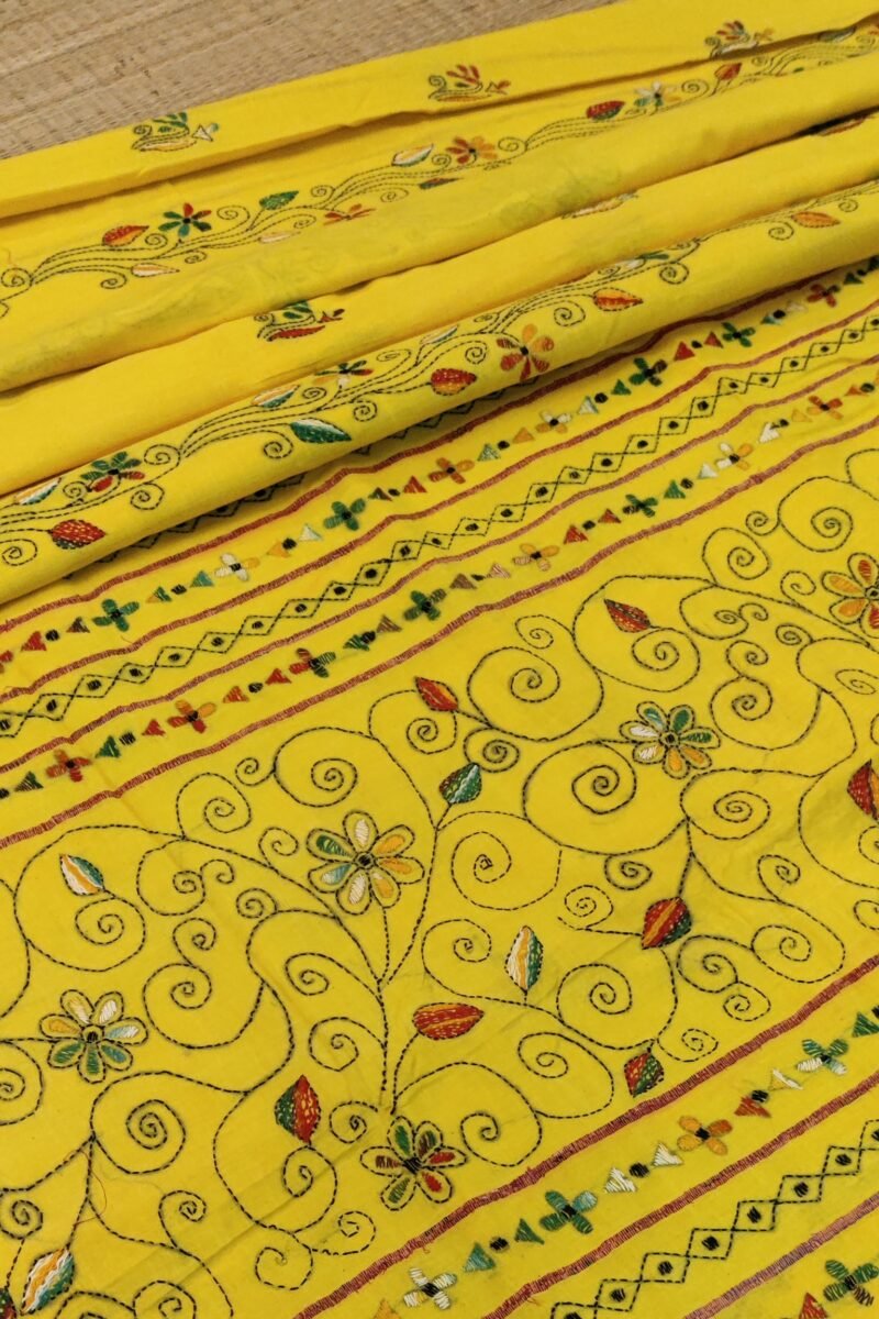 Khesh Katha: Bright Yellow Khesh Cotton Saree with Multicolor Floral Kantha Embroidery - Image 5