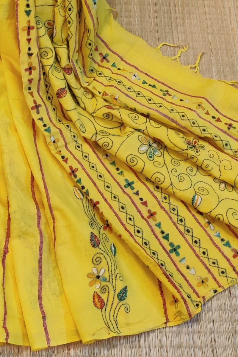 Khesh Katha: Bright Yellow Khesh Cotton Saree with Multicolor Floral Kantha Embroidery - Image 6