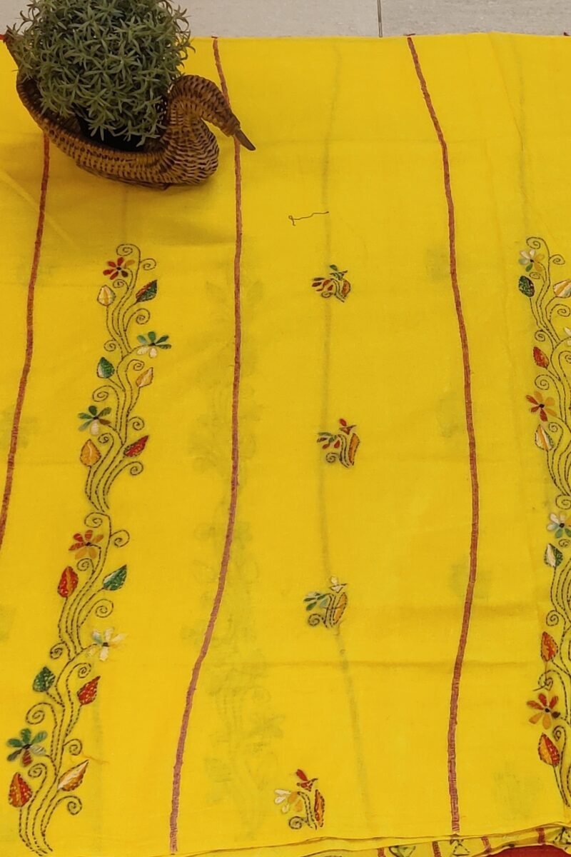 Khesh Katha: Bright Yellow Khesh Cotton Saree with Multicolor Floral Kantha Embroidery - Image 7