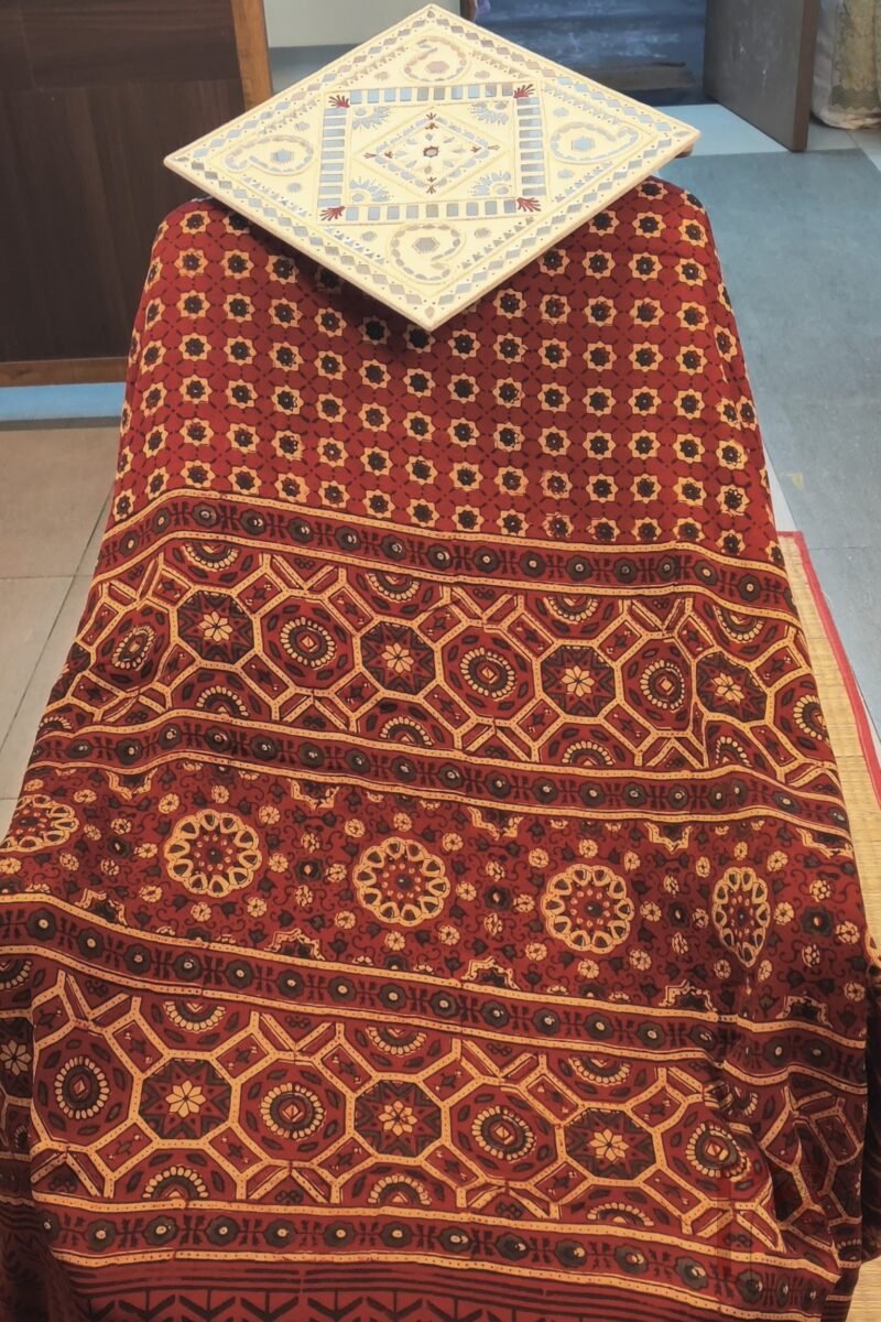 Bhuj Elegance - Maroon Modal Silk Ajrakh Saree with Blue-Grey Star Flower Print, Honeycomb Pallu & Arrow Stem Motifs - Image 2