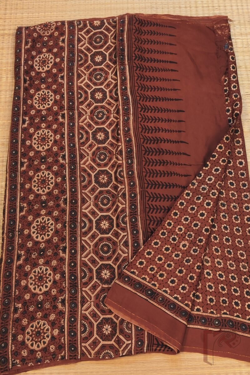 Bhuj Elegance - Maroon Modal Silk Ajrakh Saree with Blue-Grey Star Flower Print, Honeycomb Pallu & Arrow Stem Motifs - Image 4