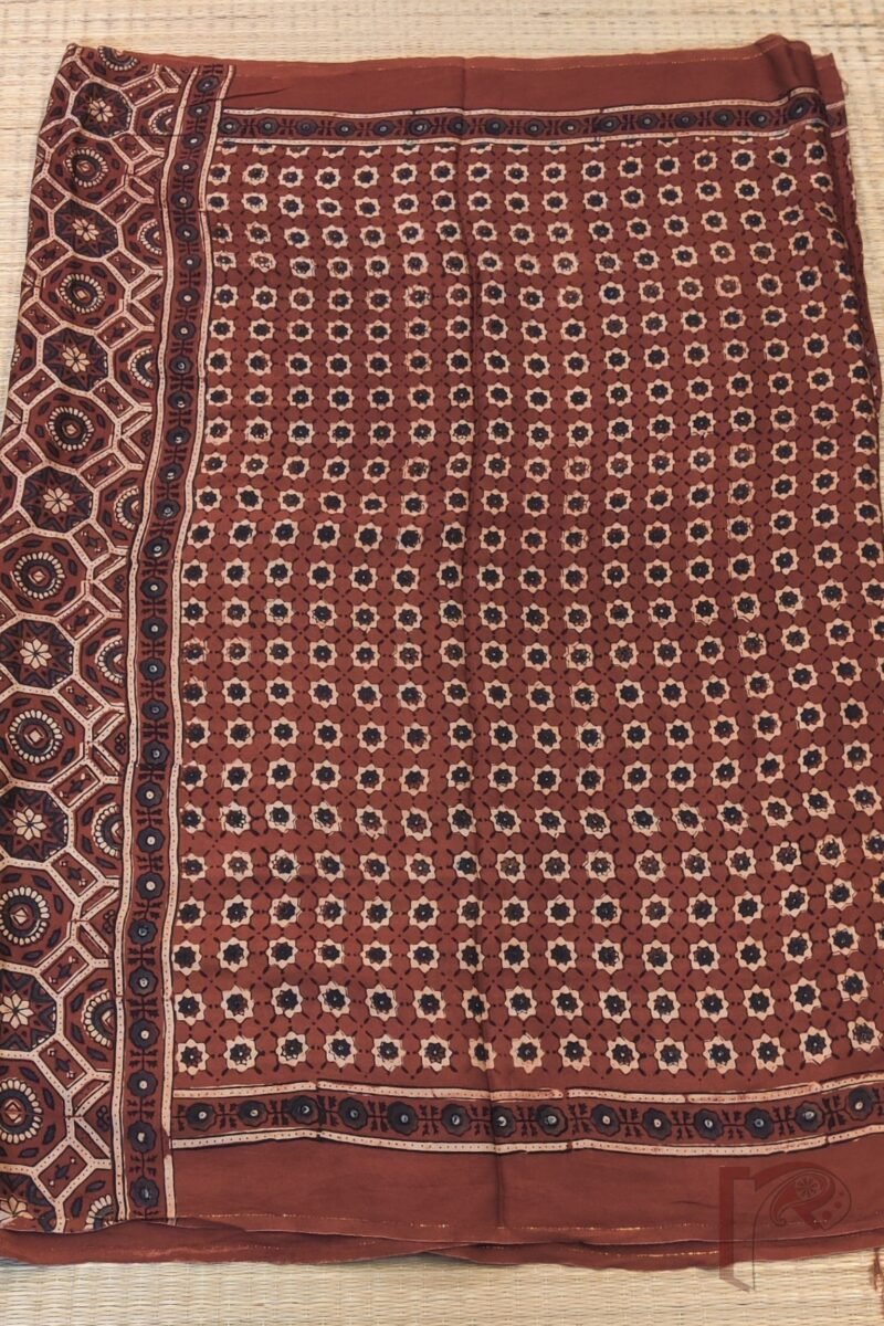 Bhuj Elegance - Maroon Modal Silk Ajrakh Saree with Blue-Grey Star Flower Print, Honeycomb Pallu & Arrow Stem Motifs - Image 5