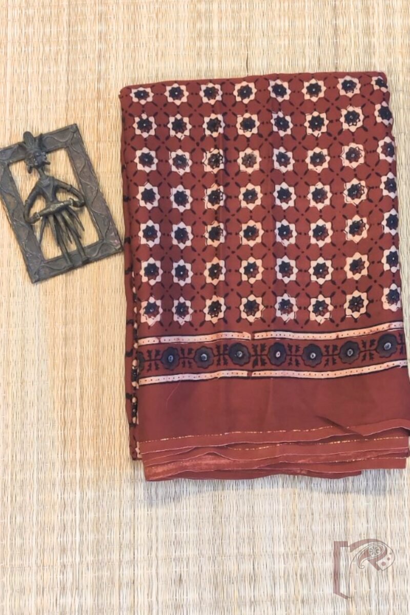 Bhuj Elegance - Maroon Modal Silk Ajrakh Saree with Blue-Grey Star Flower Print, Honeycomb Pallu & Arrow Stem Motifs - Image 7