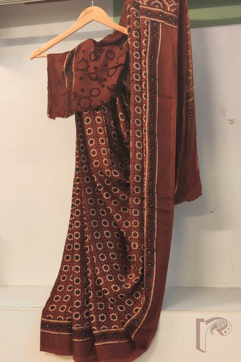Bhuj Elegance - Maroon Modal Silk Ajrakh Saree with Blue-Grey Star Flower Print, Honeycomb Pallu & Arrow Stem Motifs - Image 8