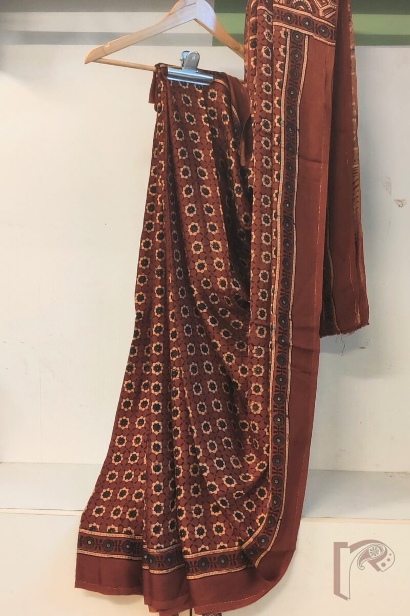 Bhuj Elegance - Maroon Modal Silk Ajrakh Saree with Blue-Grey Star Flower Print, Honeycomb Pallu & Arrow Stem Motifs