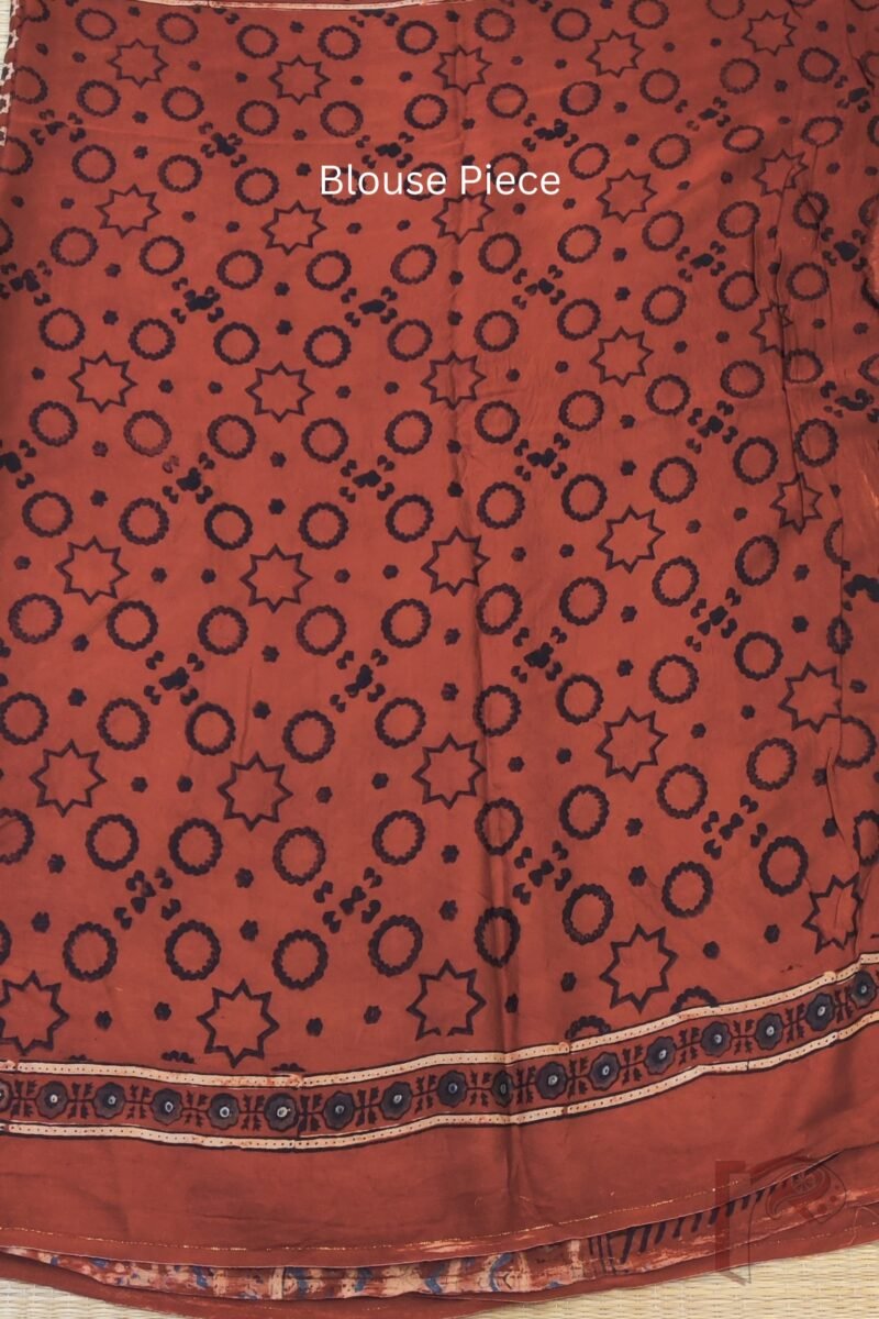 Bhuj Elegance - Maroon Modal Silk Ajrakh Saree with Blue-Grey Star Flower Print, Honeycomb Pallu & Arrow Stem Motifs - Image 9