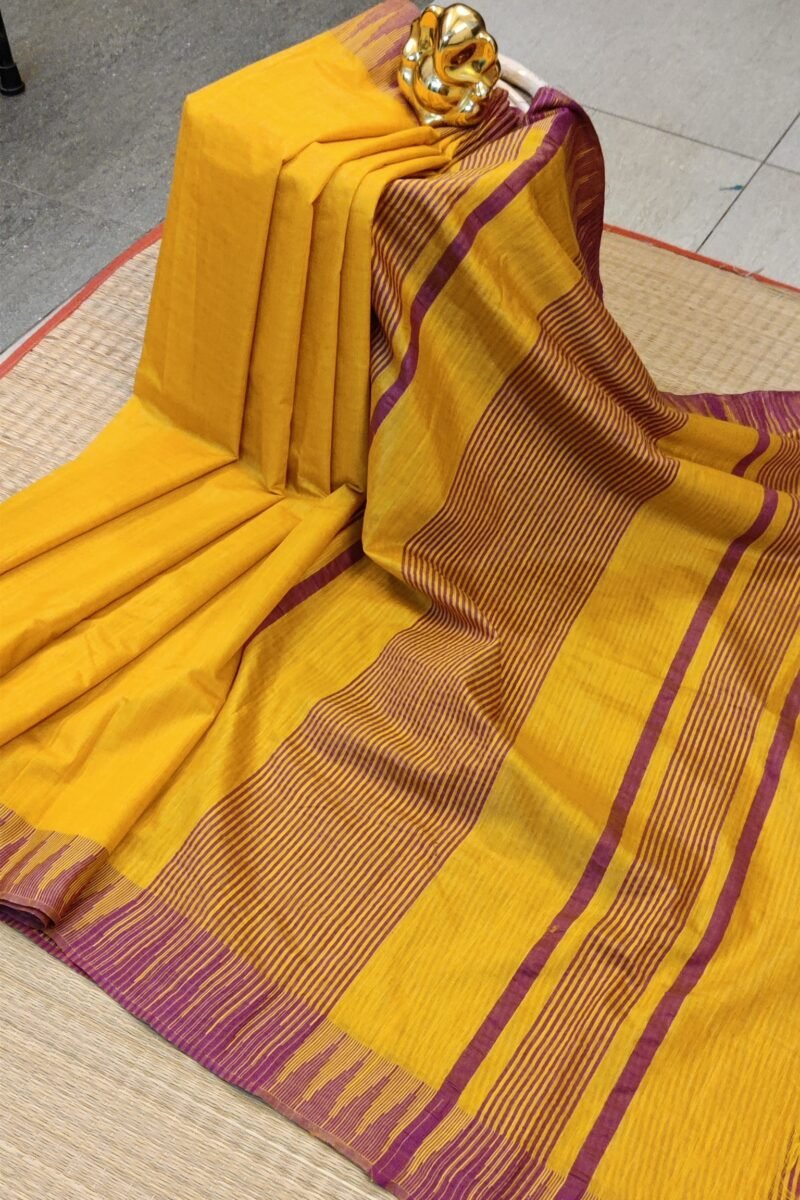 Viscose Vibrance: Bright Yellow Kota Viscose Saree with Purple Temple Thread Weave Border and Striped Pallu - Image 2