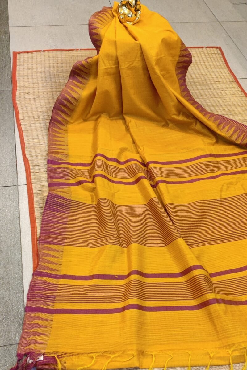 Viscose Vibrance: Bright Yellow Kota Viscose Saree with Purple Temple Thread Weave Border and Striped Pallu - Image 3