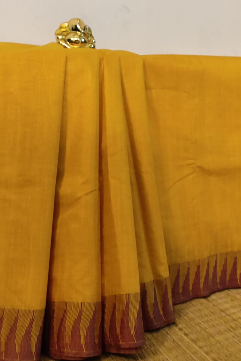 Viscose Vibrance: Bright Yellow Kota Viscose Saree with Purple Temple Thread Weave Border and Striped Pallu - Image 4