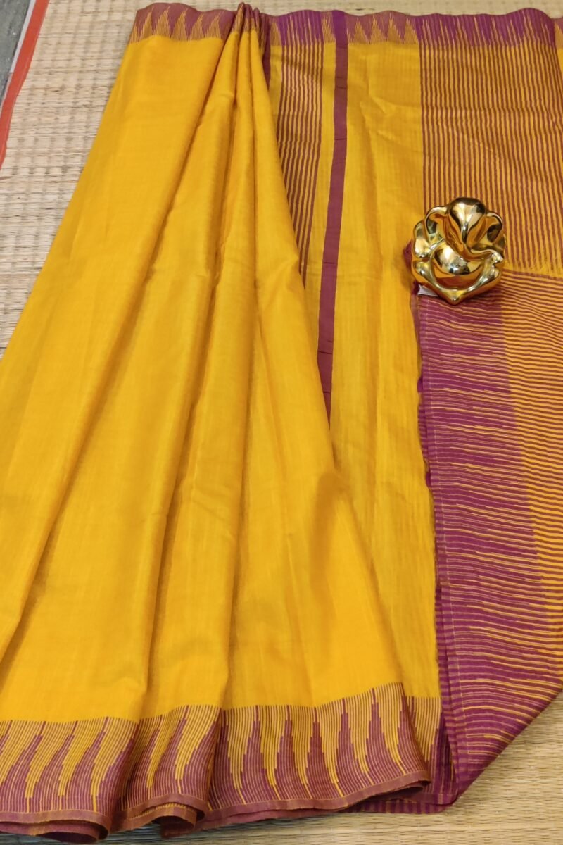 Viscose Vibrance: Bright Yellow Kota Viscose Saree with Purple Temple Thread Weave Border and Striped Pallu - Image 5