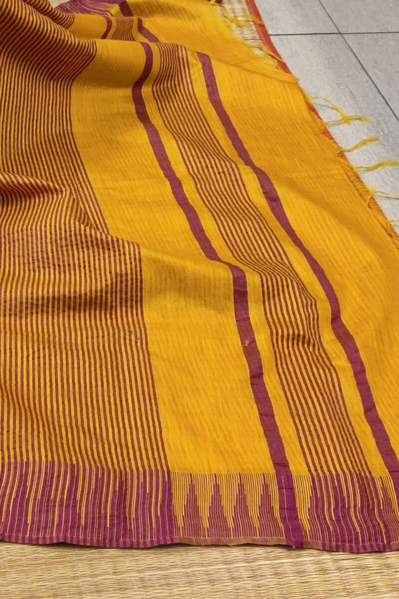 Viscose Vibrance: Bright Yellow Kota Viscose Saree with Purple Temple Thread Weave Border and Striped Pallu - Image 7