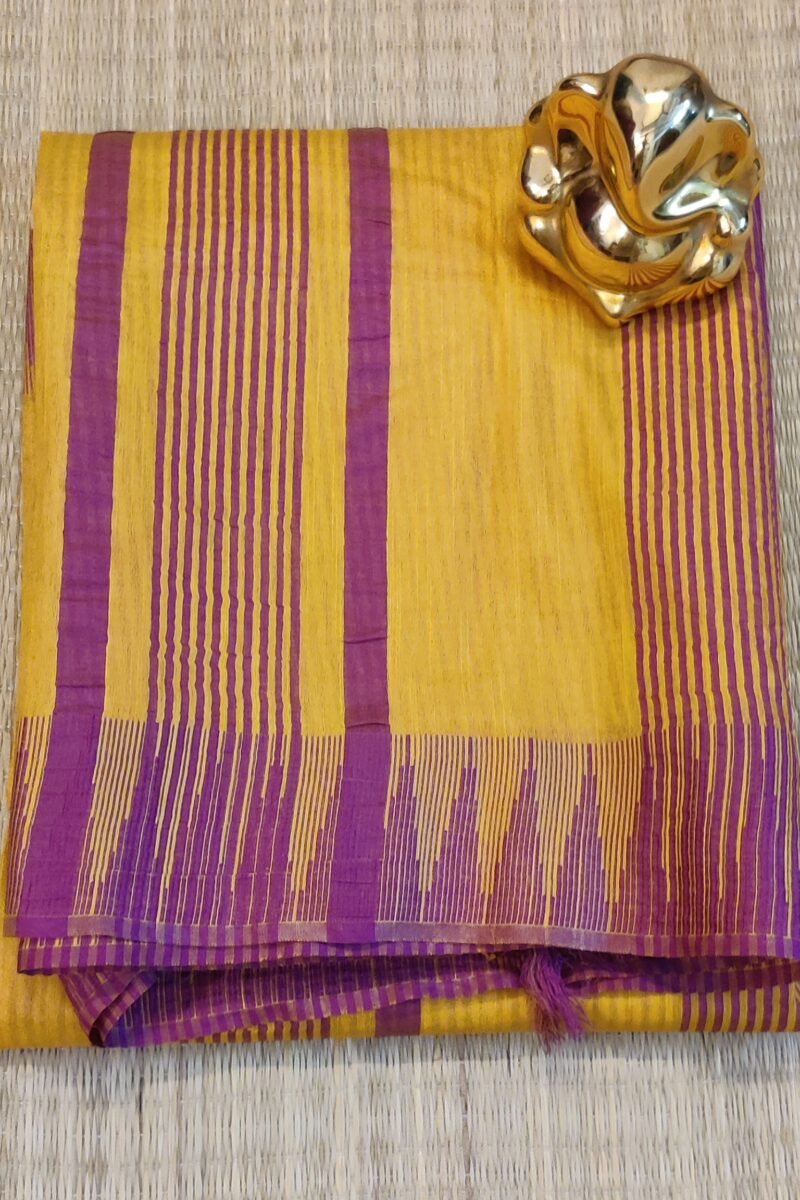 Viscose Vibrance: Bright Yellow Kota Viscose Saree with Purple Temple Thread Weave Border and Striped Pallu