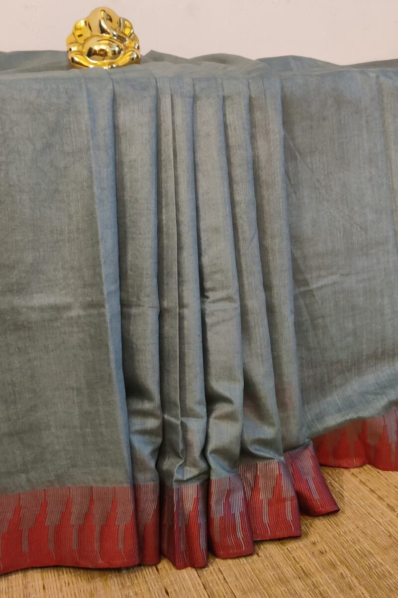 Viscose Vibrance: Elegant Grey Kota Viscose Saree with Red Temple Thread Weave Border and Striped Pallu - Image 3