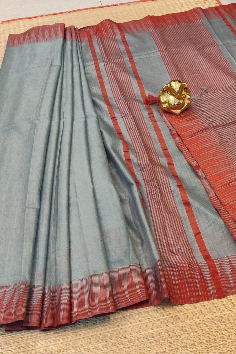 Viscose Vibrance: Elegant Grey Kota Viscose Saree with Red Temple Thread Weave Border and Striped Pallu - Image 6