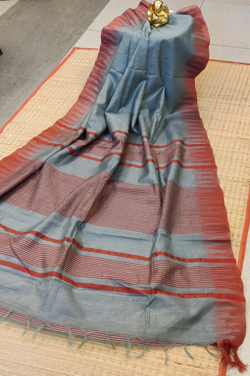 Viscose Vibrance: Elegant Grey Kota Viscose Saree with Red Temple Thread Weave Border and Striped Pallu - Image 7