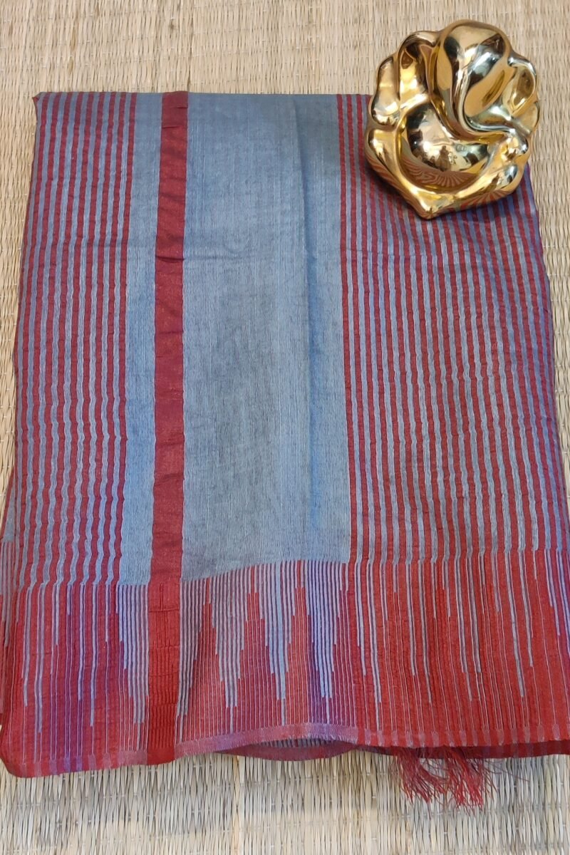 Viscose Vibrance: Elegant Grey Kota Viscose Saree with Red Temple Thread Weave Border and Striped Pallu