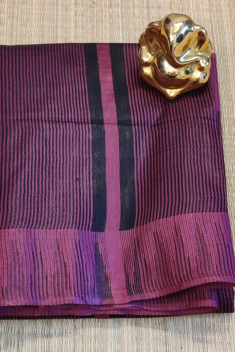 Viscose Vibrance: Black Kota Viscose Saree with Pink Temple Thread Weave Border and Striped Pallu