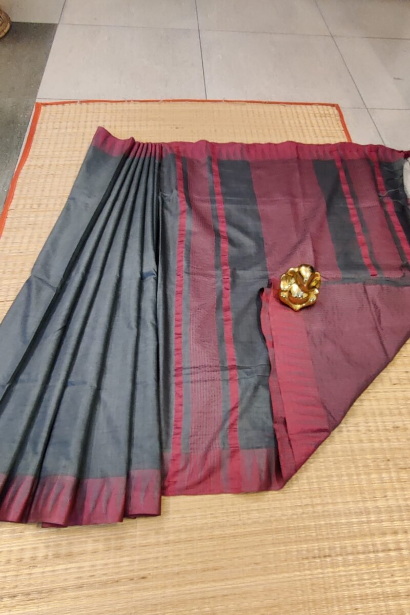 Viscose Vibrance: Soft Grey Kota Viscose Saree with Pink Temple Thread Weave Border and Striped Pallu - Image 7