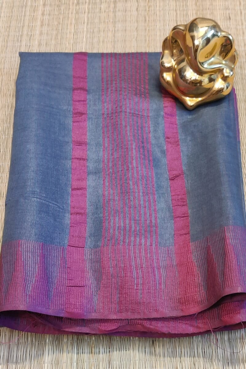 Viscose Vibrance: Soft Grey Kota Viscose Saree with Pink Temple Thread Weave Border and Striped Pallu