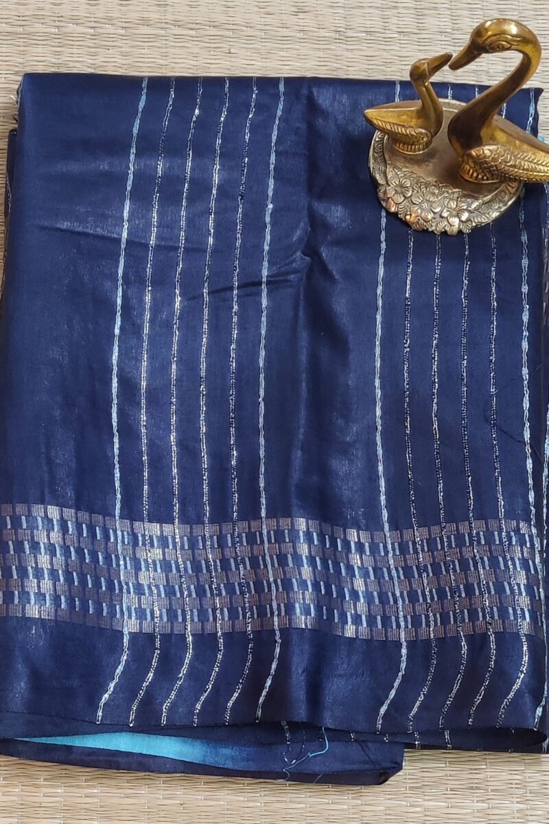 Viscose Vibrance: Sky Blue and Navy Kota Viscose Saree with Zigzag Weave and Gold Thread Border - Image 2