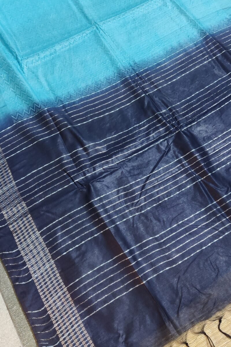 Viscose Vibrance: Sky Blue and Navy Kota Viscose Saree with Zigzag Weave and Gold Thread Border - Image 3