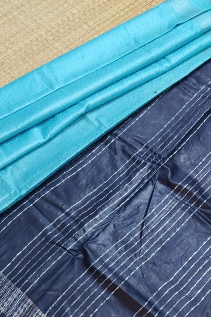 Viscose Vibrance: Sky Blue and Navy Kota Viscose Saree with Zigzag Weave and Gold Thread Border - Image 6