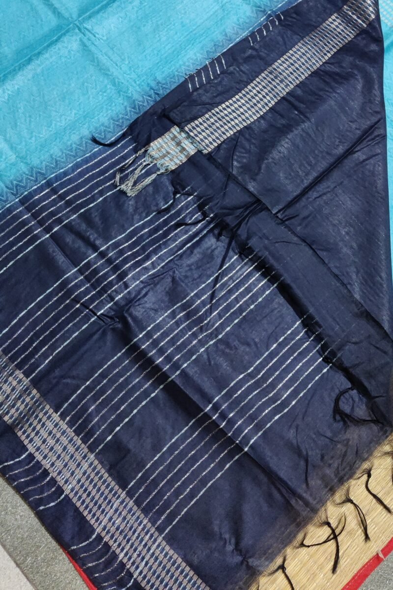 Viscose Vibrance: Sky Blue and Navy Kota Viscose Saree with Zigzag Weave and Gold Thread Border - Image 7