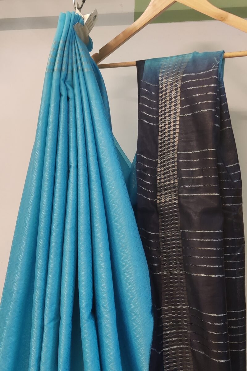 Viscose Vibrance: Sky Blue and Navy Kota Viscose Saree with Zigzag Weave and Gold Thread Border - Image 8