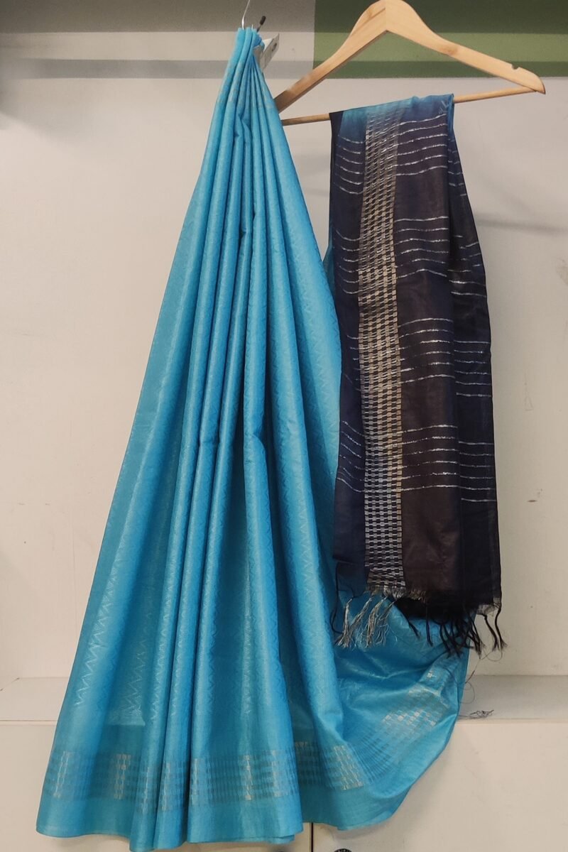 Viscose Vibrance: Sky Blue and Navy Kota Viscose Saree with Zigzag Weave and Gold Thread Border