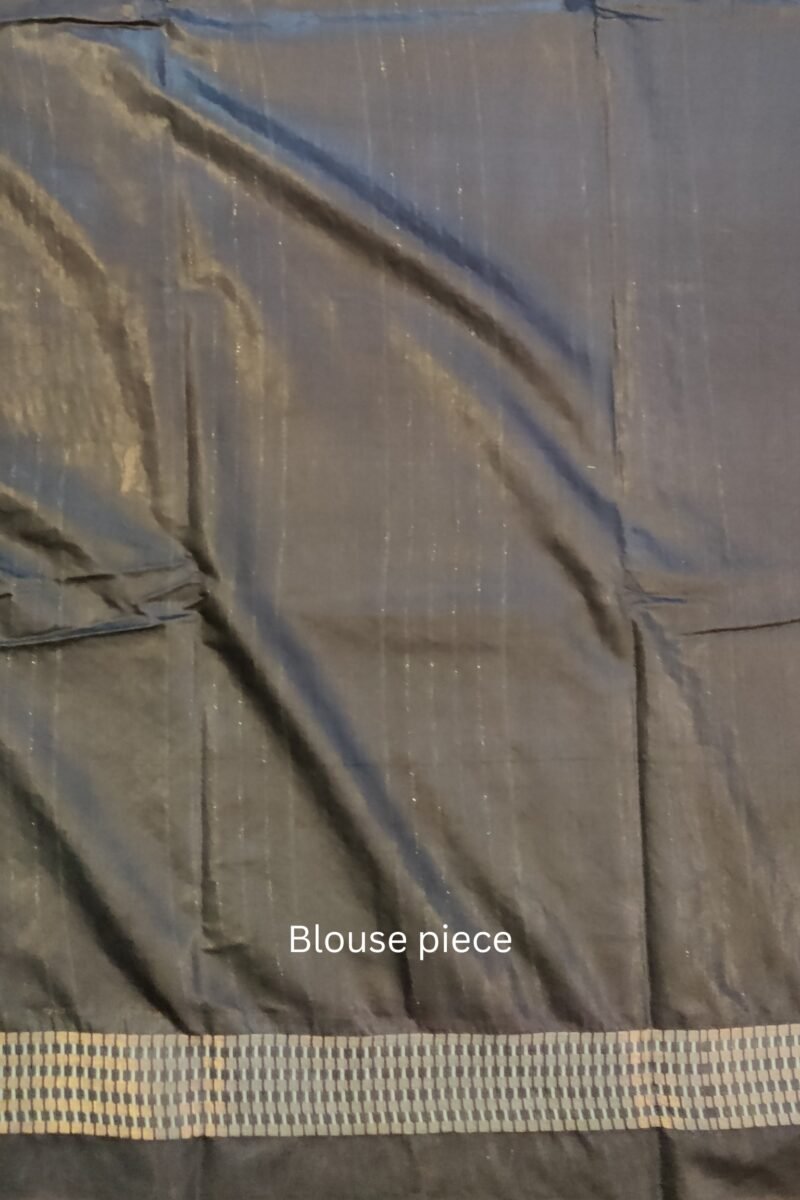 Viscose Vibrance: Sky Blue and Navy Kota Viscose Saree with Zigzag Weave and Gold Thread Border - Image 9