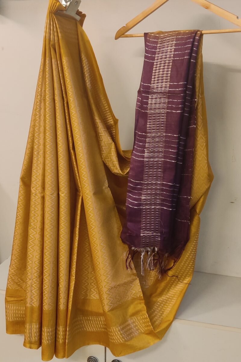 Viscose Vibrance: Mustard Yellow and Purple Kota Viscose Saree with White Zigzag Weave and Box Border