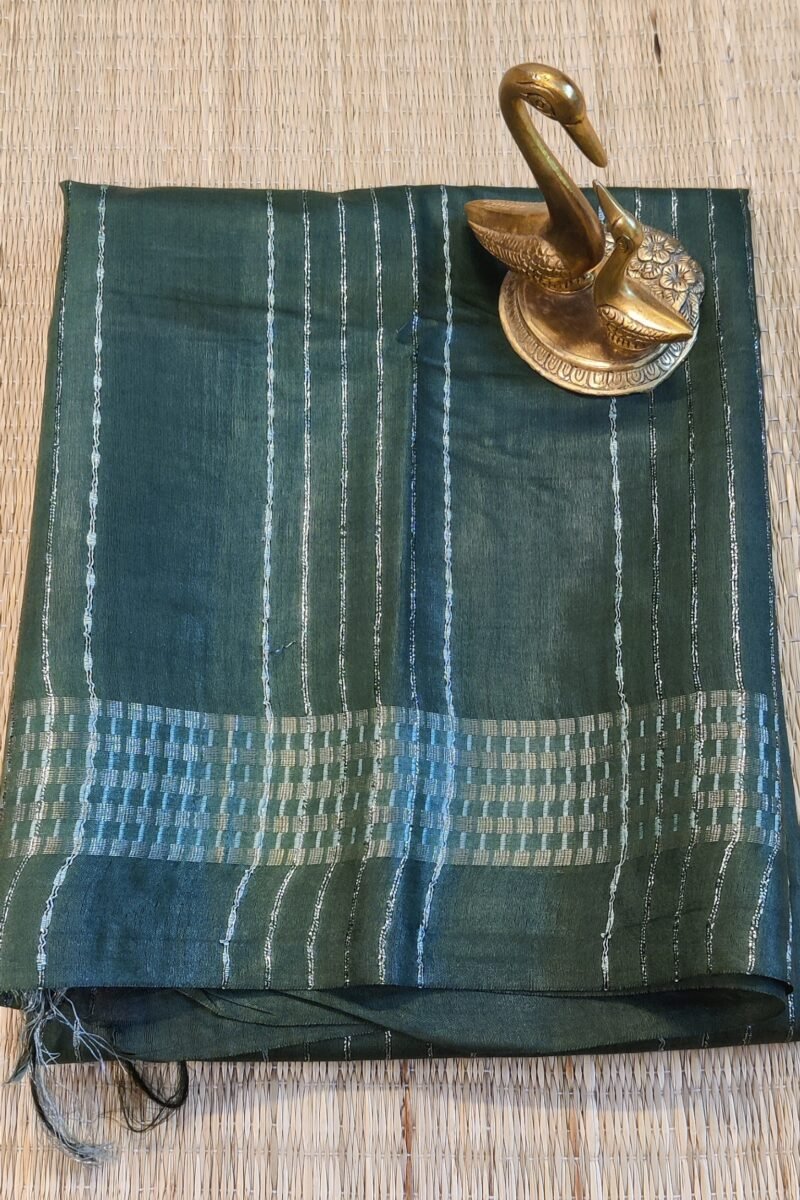 Viscose Vibrance: Brown and Bottle Green Kota Viscose Saree with Zigzag Thread Weave and Gold Box Border - Image 2