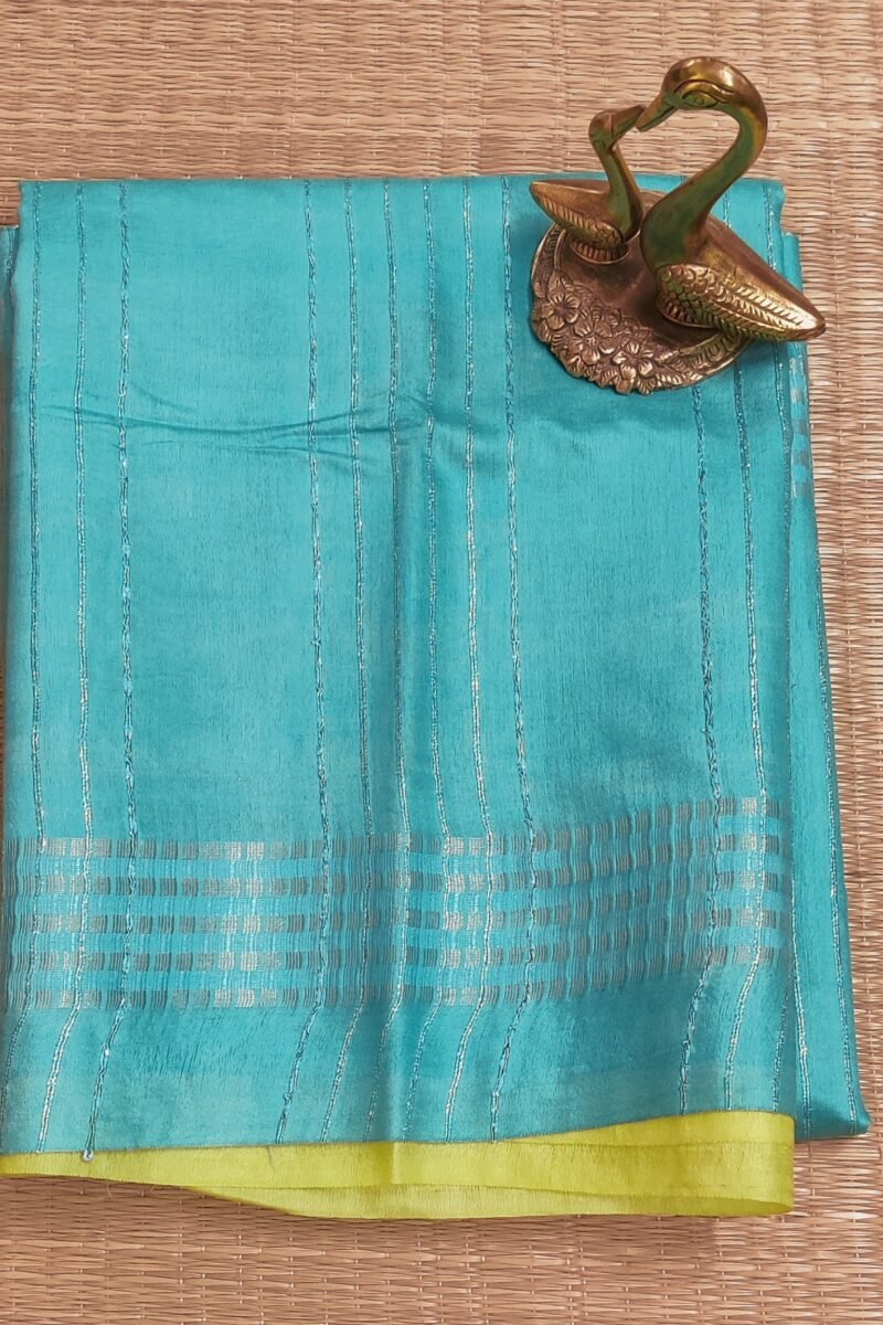 Viscose Vibrance: Bright Yellow and Sea Green Kota Viscose Saree with Zigzag Weave and Gold Dash Border - Image 2