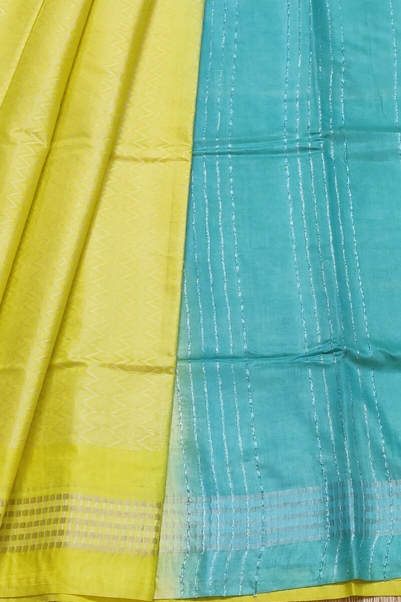 Viscose Vibrance: Bright Yellow and Sea Green Kota Viscose Saree with Zigzag Weave and Gold Dash Border - Image 8
