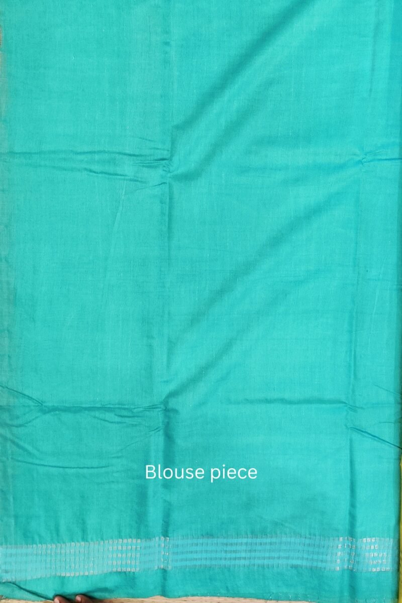 Viscose Vibrance: Bright Yellow and Sea Green Kota Viscose Saree with Zigzag Weave and Gold Dash Border - Image 9