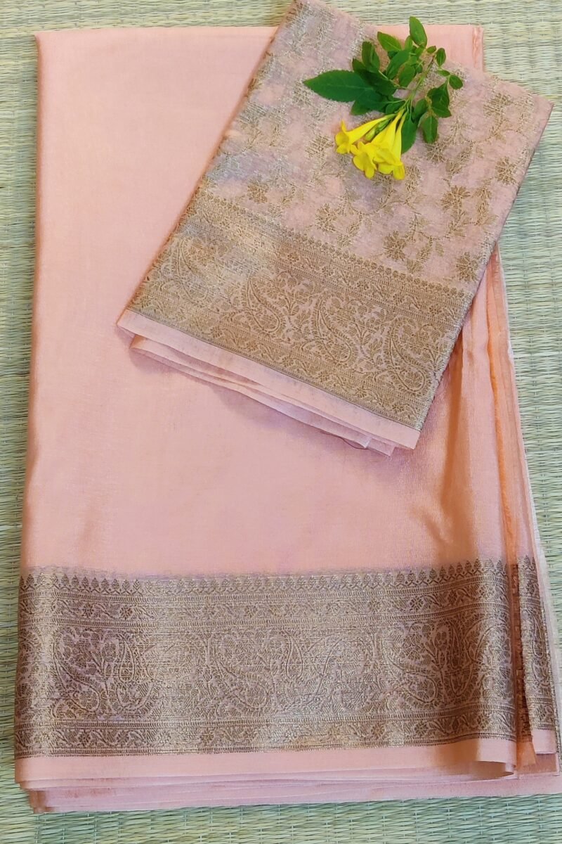 Banarasi Bloom: Pastel Peach Khadi Silk Saree with Muted Gold Karwa Banarasi Border