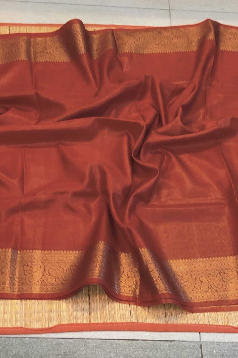 Banarasi Bloom: Rust Khadi Silk Saree with Muted Gold Karwa Banarasi Border - Image 3