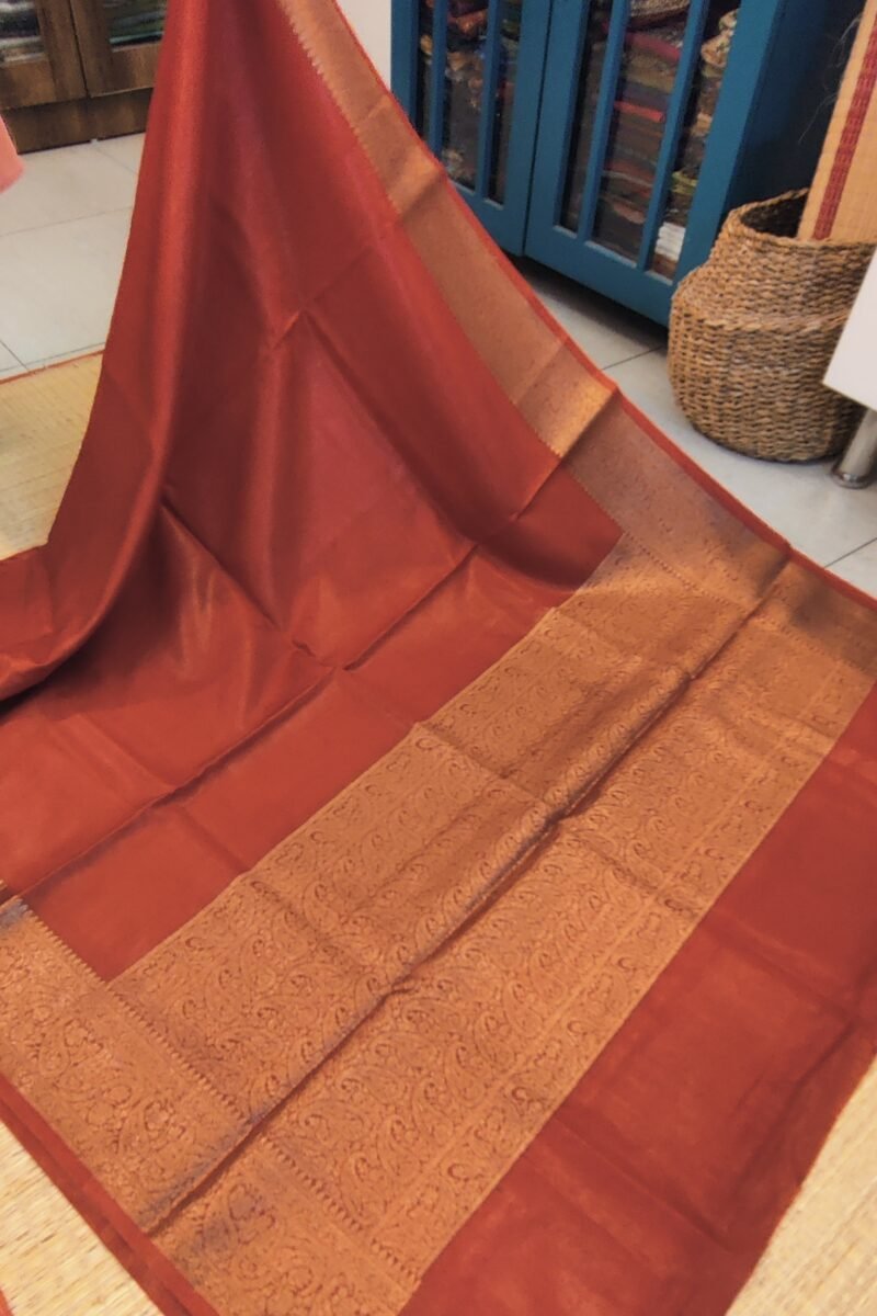 Banarasi Bloom: Rust Khadi Silk Saree with Muted Gold Karwa Banarasi Border - Image 6