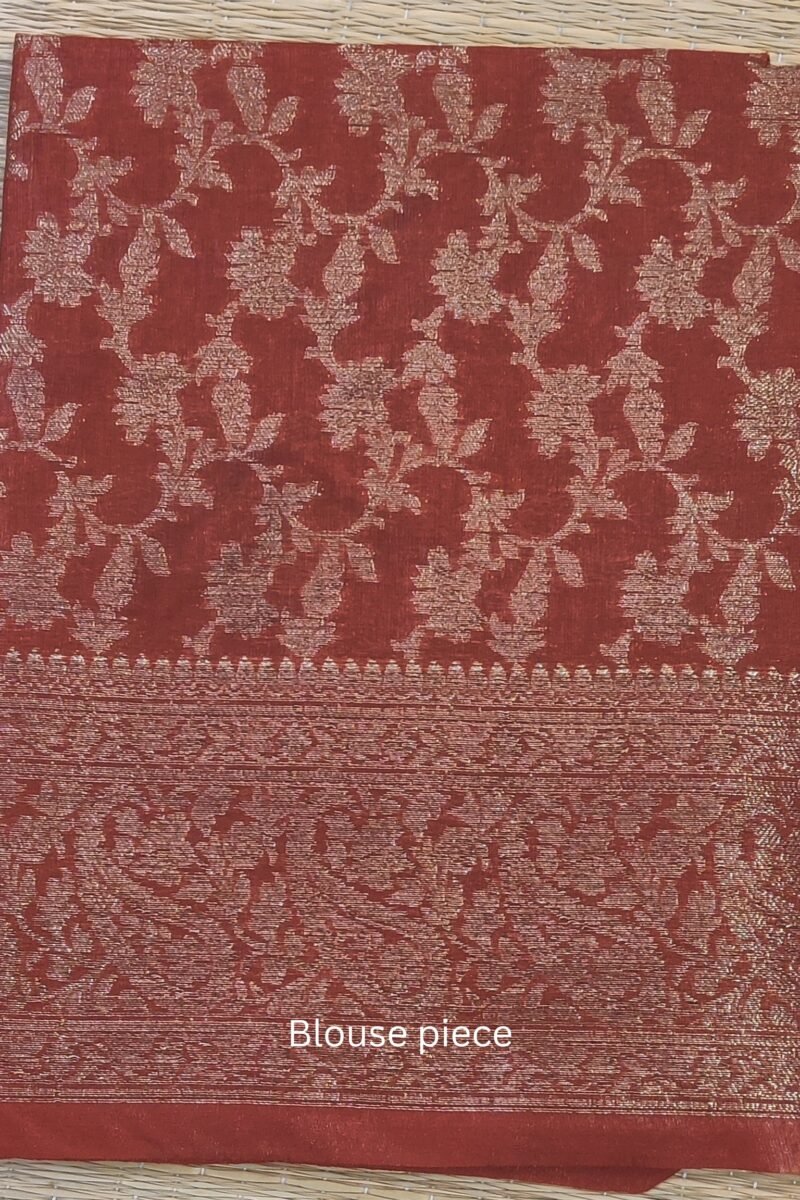 Banarasi Bloom: Rust Khadi Silk Saree with Muted Gold Karwa Banarasi Border - Image 8