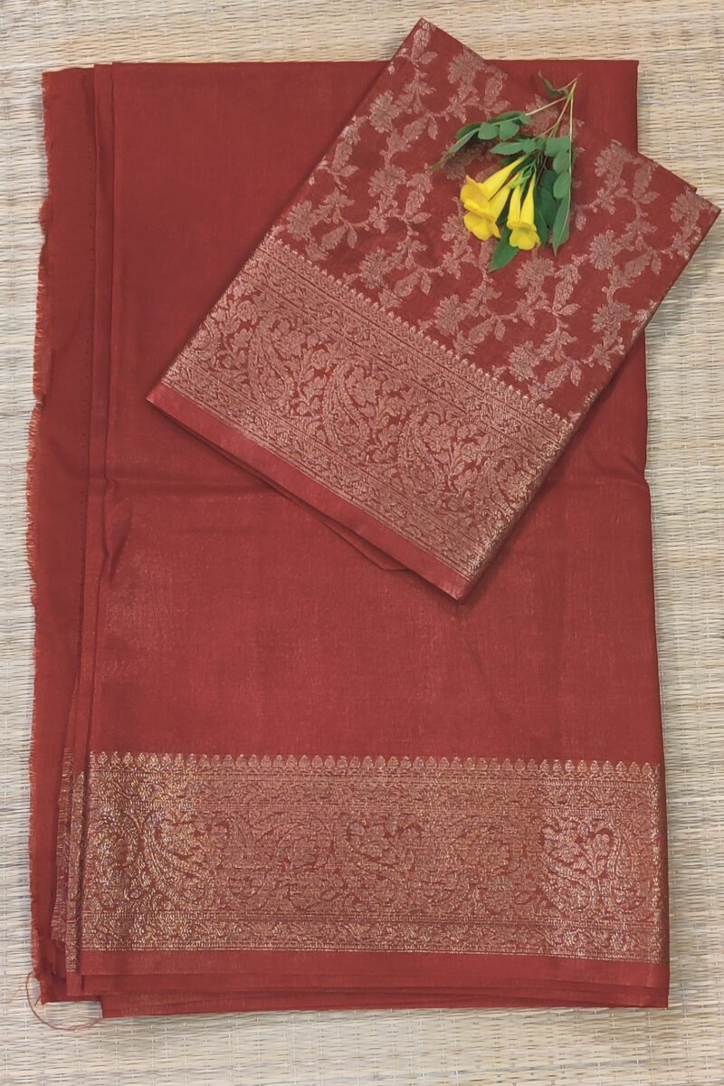 Banarasi Bloom: Rust Khadi Silk Saree with Muted Gold Karwa Banarasi Border