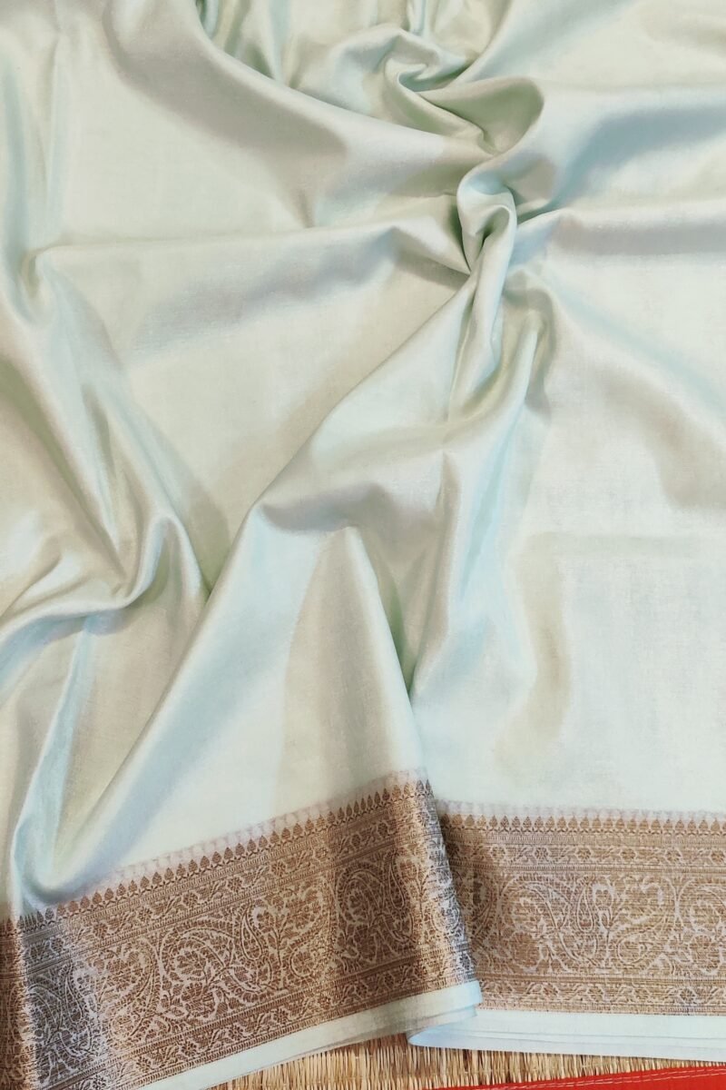 Banarasi Bloom: Pastel Mint Green Khadi Silk Saree with Muted Gold Karwa Banarasi Border - Image 3